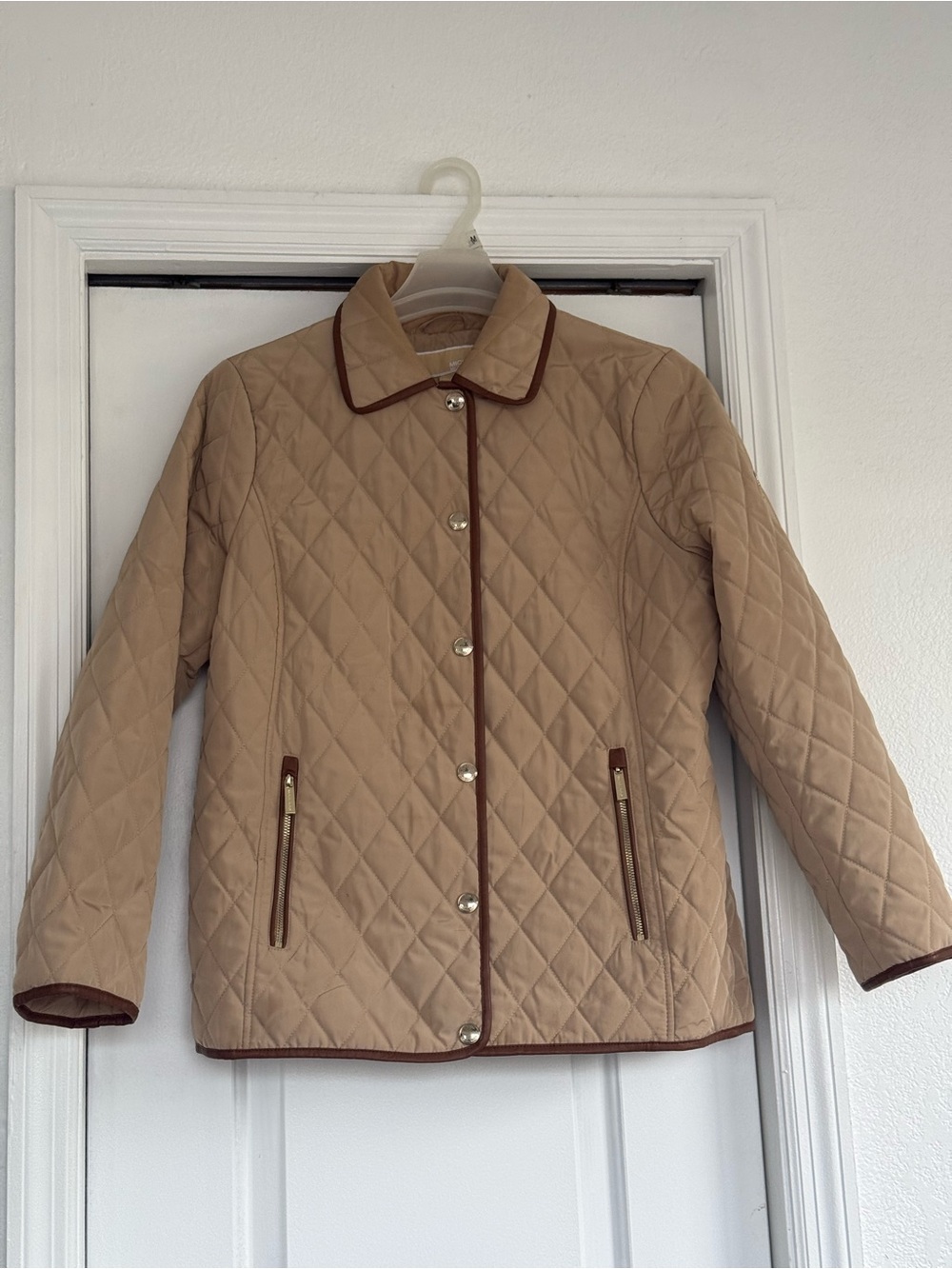 Michael Kors Beige Quilted Puffer Jacket with Brown Trim